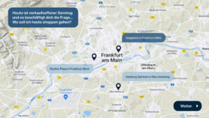 Zu sehen ist eine Karte von Frankfurt und Umgebung mit markierten Shopping-Möglichkeiten.