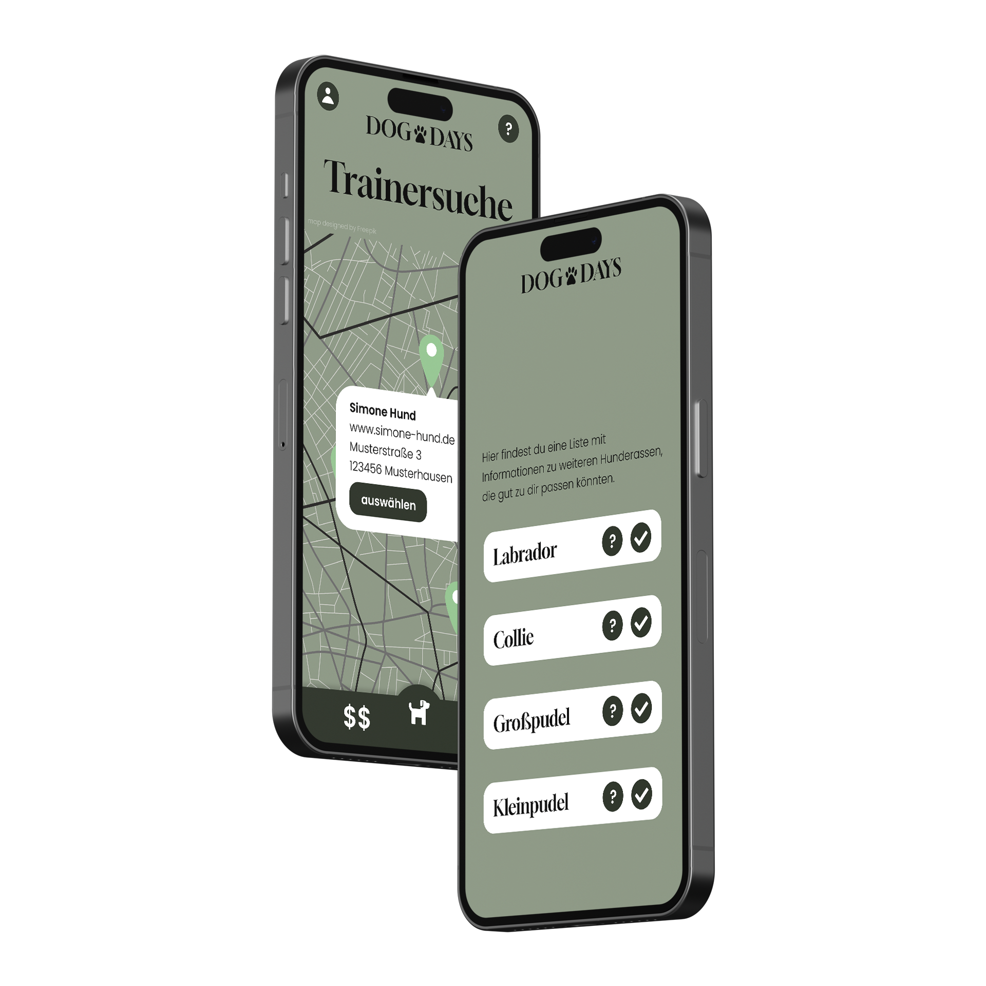Das Bild zeigt zwei iPhone Mockups der Anwendung. Man sieht eine Rasseauswahlseite der Aktivitäten sowie eine Kartensuchfunktion.