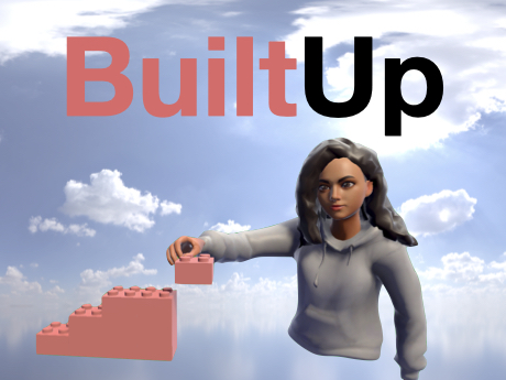 Ein Avatar baut in einer virtuellen Welt mit Legosteinen an einem Objekt. Darüber steht der Schriftzug: BuiltUp.